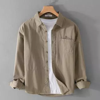 Весенне-летняя рубашка с длинным рукавом для мужчин в корейском стиле, рабочая одежда для мужчин, топы с воротником-лацканами и карманами, хлопковая рубашка, простая мужская одежда M белый