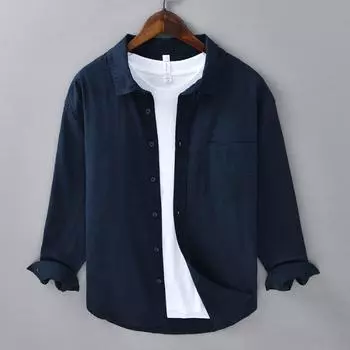 Весенне-летняя рубашка с длинным рукавом, мужская деловая повседневная рубашка из хлопка и льна M темно-синий