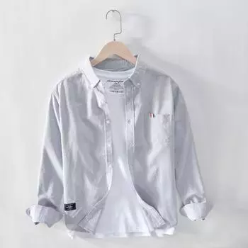 Весенне-летняя рубашка с длинным рукавом, мужская повседневная рубашка с воротником-лацканом, карманом, рубашка из хлопка Оксфорд 100, универсальные мужские топы M белый
