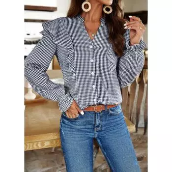 Весенне-летняя рубашка с длинными рукавами и рюшами, элегантная женская блузка S чёрный