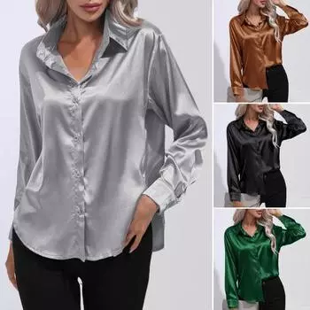 Весенне-летняя рубашка с лацканами и длинными рукавами, однобортная рубашка, топы, однотонная свободная посадка, имитация атласа M чёрный