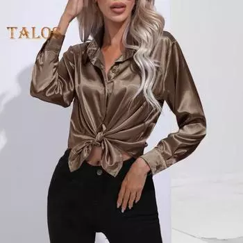 Весенне-летняя рубашка с лацканами, однобортная рубашка с длинными рукавами, топы, однотонная, свободная посадка, атласная офисная рубашка с имитацией шелка M чёрный