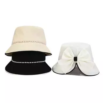 Весенне-летняя рыбацкая шляпа для женщин, модная однотонная хлопковая панама, уличная повседневная шляпа от солнца с жемчугом и бантами чёрный