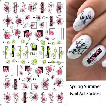Весенне-летняя серия, клейкие наклейки для ногтей, наклейки, черно-белые линии, цветы, растения, дизайн ногтей, украшение для дизайна ногтей