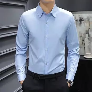 Весенне-летняя серо-белая мужская рубашка с длинным рукавом M светло-синий