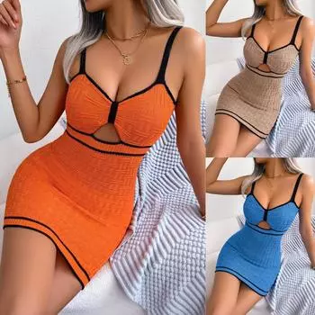 Весенне-летняя сексуальная полая дизайнерская трикотажная юбка на бедрах, юбка на подтяжках для отпуска S оранжевый