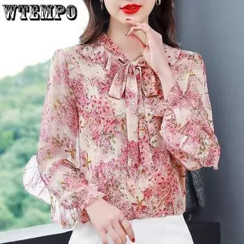 Весенне-летняя шифоновая рубашка с цветочным принтом, женская корейская версия, свободная рубашка с верхним принтом и животом, тонкие рубашки Tide L разноцветный