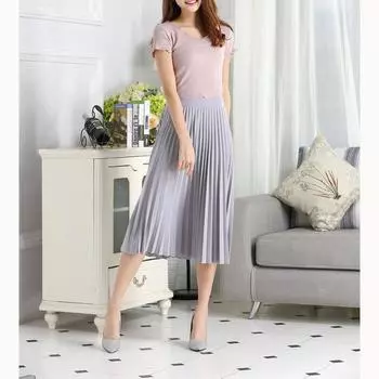 Весенне-летняя шифоновая юбка, плиссированная юбка средней длины, эластичная свободная юбка приталенного кроя с высокой талией one size синий