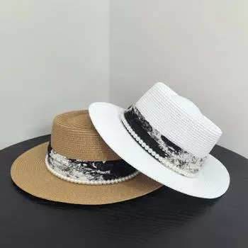 Весенне-летняя шляпа с плоским верхом, детская шляпа-цилиндр, жемчужно-белая универсальная шляпа, вогнутая шляпа в стиле джаз, соломенная шляпа, британская ретро-мода M56-58cm чёрный