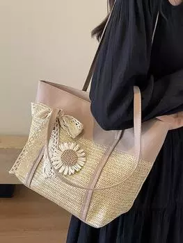 Весенне-летняя сумка-тоут большого объема для женщин 2024 года, новая высококачественная сумка через плечо из соломы для студентов колледжей и колледжей коричневый