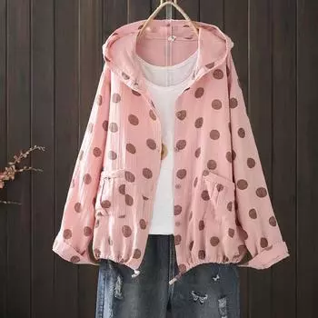 Весенне-летняя свободная большого размера двухслойная хлопковая пряжа с капюшоном, кардиган на шнуровке с длинными рукавами, тонкая куртка, женская одежда One size розовый