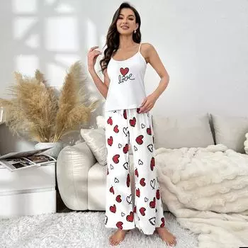 Весенне-летняя тонкая часть пижамы женские брюки с короткими рукавами домашняя одежда можно носить поверх костюма с принтом «Любовь» XS белый