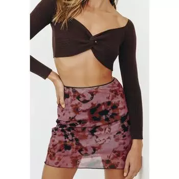 Весенне-летняя тонкая двухслойная сетчатая юбка с высокой талией и принтом на бедрах S красный