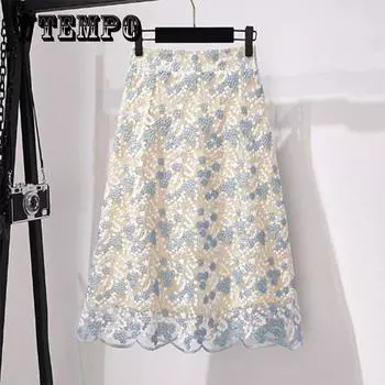 Весенне-летняя юбка со свежей цветочной вышивкой в тяжелой промышленности, кружевная юбка, юбка-миди, облегающая юбка трапециевидной формы, сказочная юбка XXL синий
