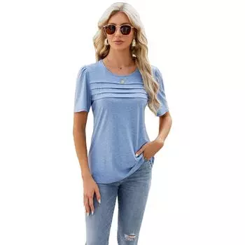 Весенне-летняя уличная женская однотонная плиссированная футболка с U-образным вырезом для женщин