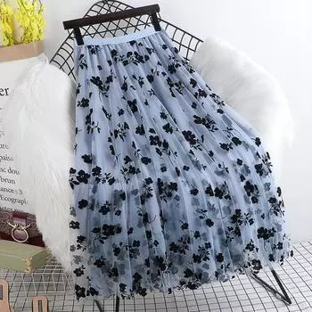 Весенне-летняя универсальная сетчатая юбка с высокой талией и вышивкой, темпераментные длинные юбки средней длины для женщин, тонкие One Size чёрный