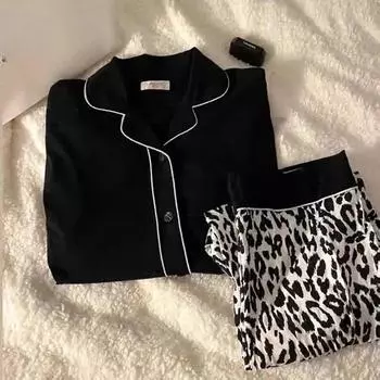 Весенне-летняя версия женской пижамы, домашняя одежда, черный леопардовый кардиган, осенне-зимняя домашняя одежда, тонкий костюм M белый