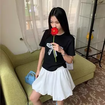 Весенне-летняя возрастная футболка с кружевным бантом в стиле Ins с короткими рукавами и круглым вырезом S белый