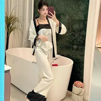 Весенне-летняя жаккардовая пижама из трех частей из ледяного шелка с длинными рукавами для женщин с элементами старинной моды для дома M бежевый