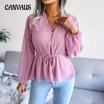 Весенне-летняя женская блузка-фонарь с длинными рукавами и рюшами и завязкой на талии, шифоновая рубашка в горошек S белый