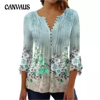 Весенне-летняя женская блузка, модная новая женская футболка с v-образным вырезом и короткими рукавами, плиссированной пуговицами и цветочным принтом S