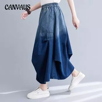 Весенне-летняя женская джинсовая юбка больших размеров, удобная эластичная талия, тонкая юбка средней длины, большая распашная юбка, повседневная юбка до половины тела