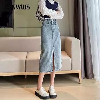 Весенне-летняя женская джинсовая юбка, джинсовая юбка трапециевидной формы с вышивкой, повседневная юбка средней длины с завышенной талией и бедрами S