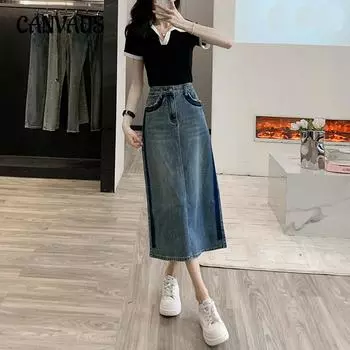 Весенне-летняя женская джинсовая юбка Джинсовая юбка длиной до половины тела с высокой талией Эластичная юбка трапециевидной формы цвета Collision S