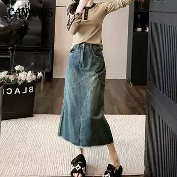 Весенне-летняя женская джинсовая юбка. Открытая джинсовая юбка до половины тела. Тонкая юбка с высокой талией. Мясное грушевидное боди в длинной юбке А-силуэта. S