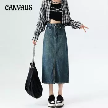 Весенне-летняя женская джинсовая юбка. Открытая ковбойская юбка-бюстье. Тонкая часть длинной юбки трапециевидного силуэта в стиле ретро с высокой талией. S
