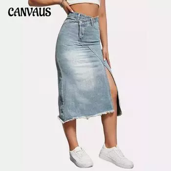 Весенне-летняя женская джинсовая юбка, винтажная джинсовая юбка до половины тела, модная юбка трапециевидной формы средней длины с открытой талией