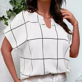 Весенне-летняя женская футболка большого размера в клетку с принтом, рубашка с короткими рукавами, топы с воротником «летучая мышь» 5XL белый