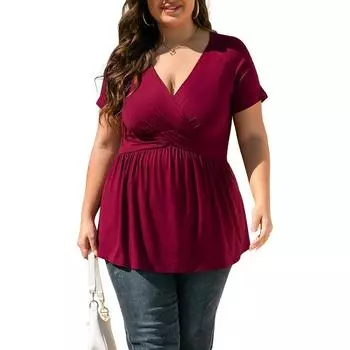 Весенне-летняя женская футболка большого размера, красный, черный, зеленый, с v-образным вырезом, плиссированный топ больших размеров L чёрный