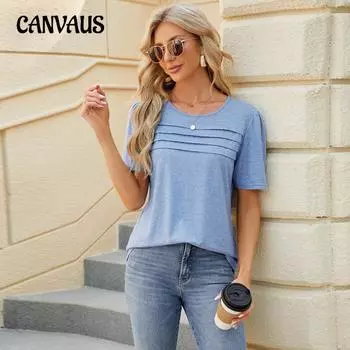 Весенне-летняя женская футболка, однотонная плиссированная футболка с U-образным вырезом S белый