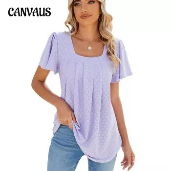 Весенне-летняя женская футболка, однотонная плиссированная свободная футболка с квадратным вырезом и короткими рукавами, топ S белый