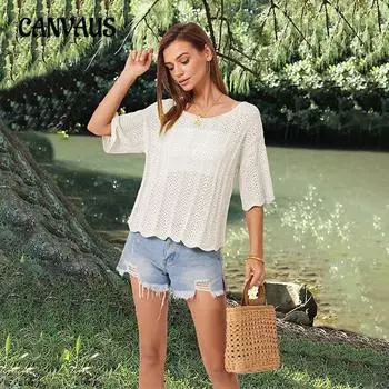 Весенне-летняя женская футболка, однотонная, с круглым вырезом, с полым вязаным топом, свободная, большого размера, с коротким рукавом S абрикосовый/белый