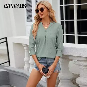 Весенне-летняя женская футболка, однотонная, с рукавом семь четвертей, с v-образным вырезом, повседневная свободная футболка, топы S чёрный