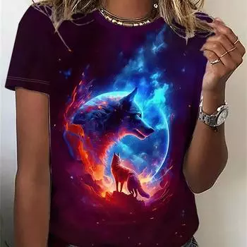 Весенне-летняя женская футболка с 3D-принтом и принтом волка, повседневный топ с круглым вырезом и короткими рукавами XS
