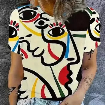 Весенне-летняя женская футболка с круглым вырезом Five Senses Line Art Pattern Топы с короткими рукавами Модная уличная женская футболка M