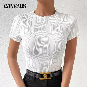 Весенне-летняя женская футболка с круглым вырезом и коротким рукавом, однотонная, тонкая, с нерегулярными вертикальными полосками XS белый