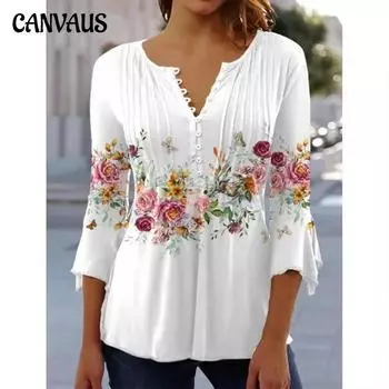 Весенне-летняя женская футболка с модным цветочным принтом и v-образным вырезом, с короткими рукавами, плиссированная футболка на пуговицах, топы 5XL белый