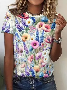 Весенне-летняя женская футболка с винтажным элегантным цветочным принтом 3D, повседневная одежда с круглым вырезом и коротким рукавом S