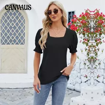 Весенне-летняя женская футболка с жаккардовым квадратным вырезом, однотонная свободная футболка с рукавами-пузырьками, топ S белый