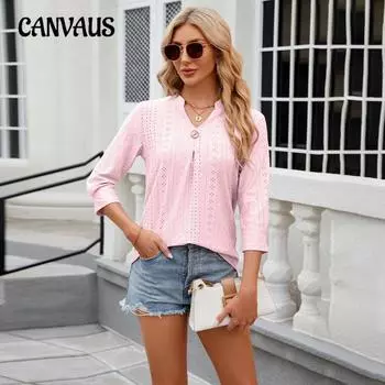 Весенне-летняя женская футболка с жаккардовым v-образным вырезом и рукавом семь четвертей, свободные топы S белый