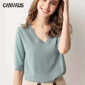 Весенне-летняя женская футболка, свитер с короткими рукавами, вязаный свитер, v-образный вырез, свободная нижняя рубашка с короткими рукавами, футболка S белый