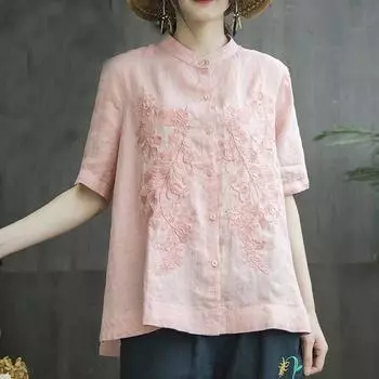 Весенне-летняя женская хлопковая рубашка с воротником-стойкой, топ с вышивкой, блузка с короткими рукавами XXL темно-синий