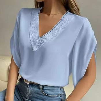 Весенне-летняя женская кружевная однотонная рубашка с V-образным вырезом, повседневная и удобная рубашка с короткими рукавами S белый