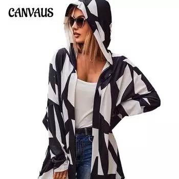 Весенне-летняя женская куртка больших размеров с принтом и капюшоном, свободный кардиган S чёрный