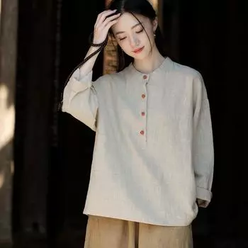 Весенне-летняя женская льняная хлопково-льняная рубашка с воротником-стойкой в тон, пуловер с пряжкой и пластиной, блузка больших размеров, женская хлопково-льняная рубашка one size жёлтый