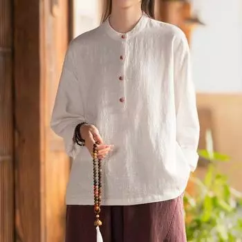 Весенне-летняя женская льняная рубашка с воротником-стойкой, пуловер с пряжкой и пластиной, блузка больших размеров, женская рубашка из хлопка и льна one size жёлтый